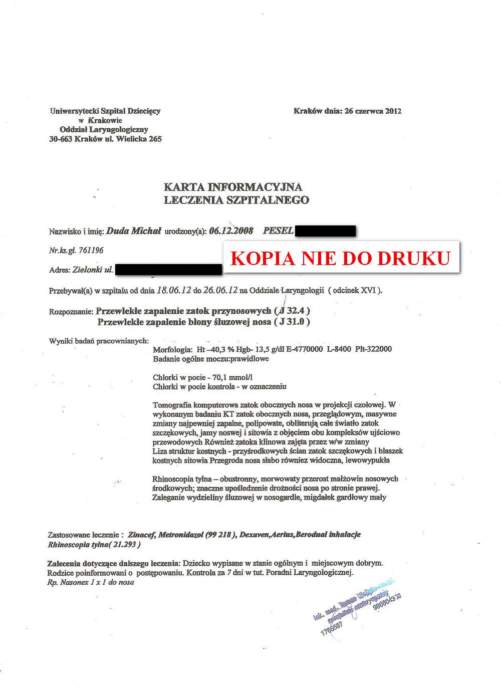 karta leczenia klinicznego USD w Krakowie 1